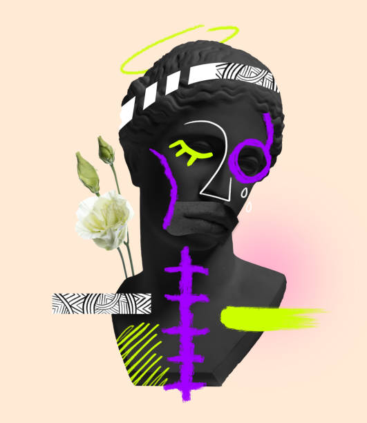 istock Contemporary art collage with antique black colored statue bust with neon drawings. Surreal style. Male lips element 1402097520