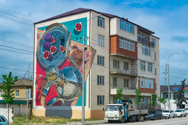 Derbent, Russia - May 11, 2022: mural on the wall of a house in Derbent, Dagestan