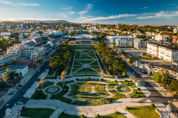Aerial view from Estoril garden and the Casino Estoril in the end of the garden stock photo