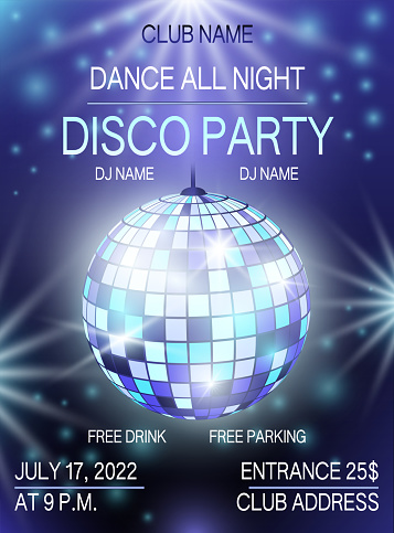 Night dance party music layout cover design. Template background with disco ball. Light electro vector for music event concert disco, club poster