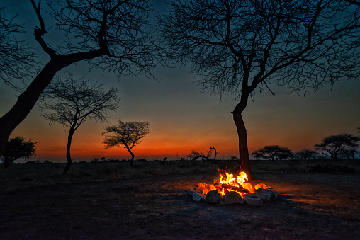 Campfire in the african wilderness in Namibia, Etosho National Park, Africa