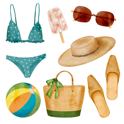 Watercolor beach vacation essentials illustration. Hand drawn bikini swimsuit, sun hat, straw beach bag, mules, popsicle, beach ball and sunglasses isolated on white background. Retro summer fashion