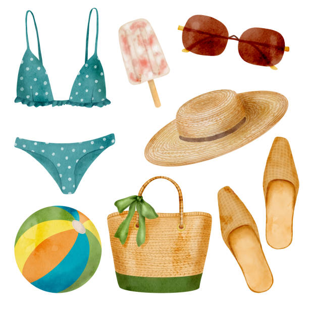 Watercolor beach clothes and accessory set. Hand drawn swimsuits, bikini, sun hat, straw beach bag, flip flops, mules and sunglasses isolated on white background. Summer fashion illustration. Watercolor beach vacation essentials illustration. Hand drawn bikini swimsuit, sun hat, straw beach bag, mules, popsicle, beach ball and sunglasses isolated on white background. Retro summer fashion polka dot bathing suit stock illustrations