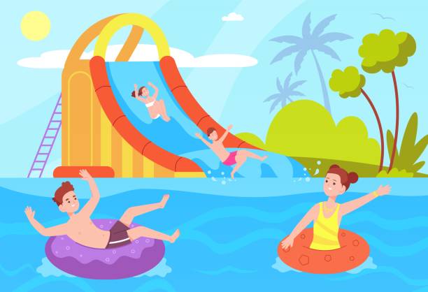 아이들은 워터 슬라이드를 타고. 소년 소녀 아쿠아 파크 튜브 풍선 슬라이드 또는 보트에 슬라이딩, 극단적 인 물 타기 아이 놀이 수영장 스플래시 어린이 재미있는 레크리에이션 - swimming pool child water park inflatable stock illustrations