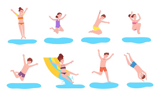 Kids jump in water. Happy children jumping splash pool, swimming play diving sea bath action child sun fun party boy girl splashing jumps little divers splendid vector illustration of jump in water