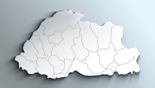 Country Political Geographical Map of Bhutan with Districts with Shadows