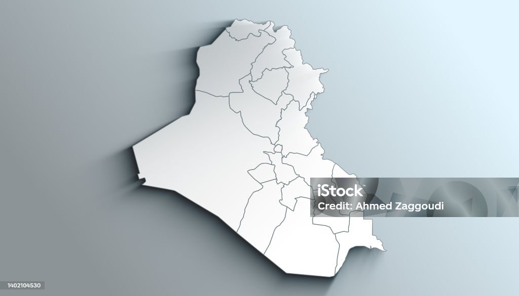 Modern White Map of Iraq with Governorates With Shadow Country Political Geographical Map of Iraq with Governorates with Shadows Kirkuk Stock Photo