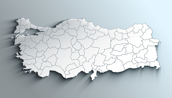 Country Political Geographical Map of  Turkey with Provinces with Shadows