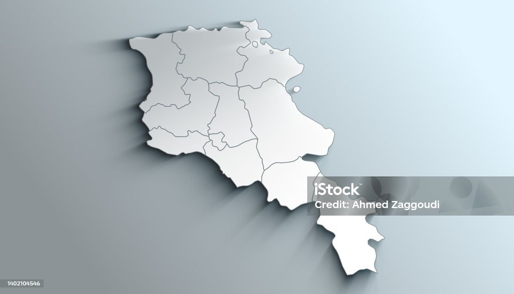 Modern White Map of Armenia with Provinces With Shadow Country Political Geographical Map of Armenia with Provinces with Shadows Armenia - Country Stock Photo