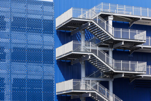 istock fire exit stair of large factory building. galvanise metal stair step. 1402105948