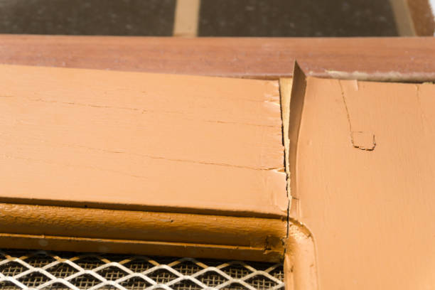 a closeup shot of a wooden paint coming off of a door. india - paint lead peeling peeled imagens e fotografias de stock