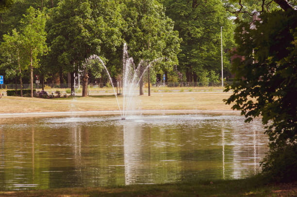 istock park with a fountain on the pond 1402109738