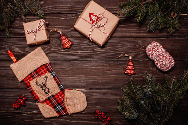 istock Christmas festive flat lay on wooden background copy space 1402113613