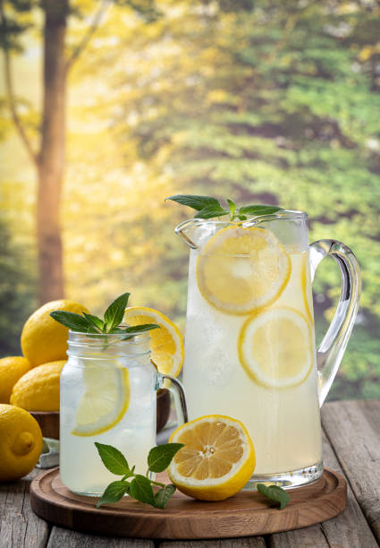 istock Glass and pitcher of lemonade with summer background 1402113651