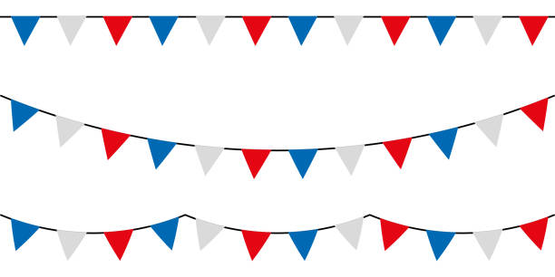 Blue white and red. Multicolored party garlands with pennants. Vector buntings set. Blue white and red. Multicolored party garlands with pennants. Vector buntings set. hispanic day stock illustrations
