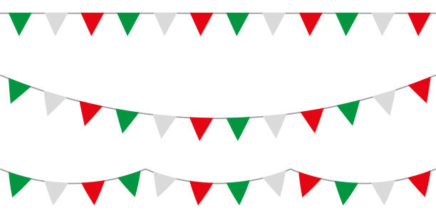 페넌트가있는 녹색 흰색과 빨간색 파티 화환. 벡터 번팅 세트. - 이탈리아 문화 stock illustrations