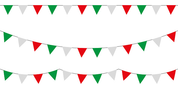Green white and red party garlands with pennants. Vector buntings set.
