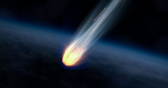 Meteorito de asteroide ardiente rápido sobre la atmósfera de la Tierra, visión realista photo