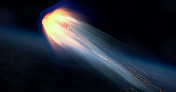 Fast Blazing Asteroid Meteor over Earth atmosphere, Realistic vision