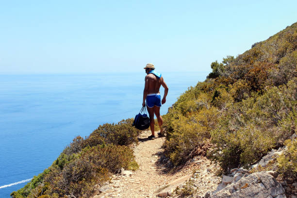 istock Tanned Man Carring Bag Under The Sun, Looking At View. 1402121721