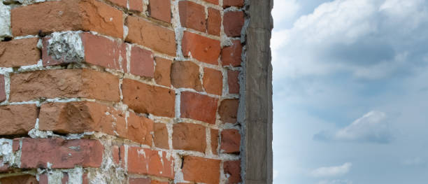 istock Old brick wall against gloomy sky 1402124619