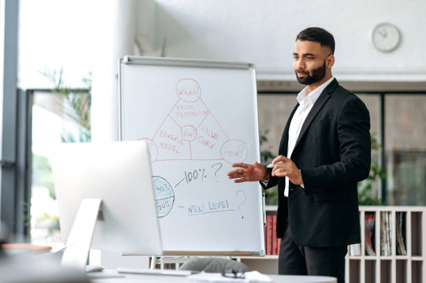 istock Young man, serious progressive influential successful progressive business coach or manager, conducts online briefing, brainstorms for colleagues, stands at whiteboard, gestures with his hands 1402125930