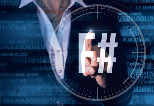 istock Business Woman with finger pressing F SHARP button on virtual screens. 1402126569