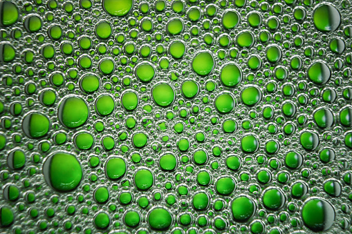 raindrops and on a fogged window pane with greenish background light