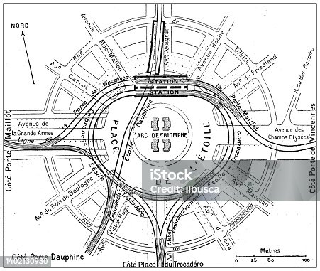 istock Antique illustration: Paris subway underground map, Place de L'Etoile 1402130930