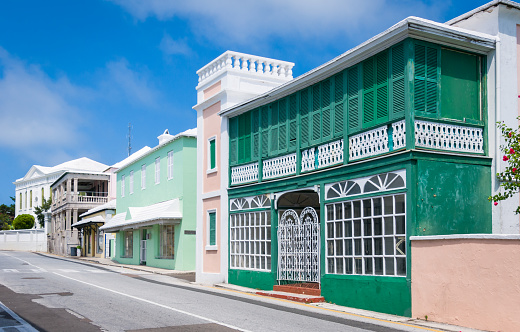 St. George, Bermuda-May 23, 2022-A sampling of the interesting styles of commercial  architecture along Water Street in historic St. George.