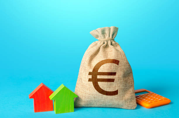 borsa euro e casette. perizia immobiliare, servizi immobiliari. offerta bancaria di mutuo ipotecario. investimenti immobiliari. comprare. attività di noleggio. prezzo di mercato equo. vendita di abitazioni. - housing development organized group house real estate foto e immagini stock