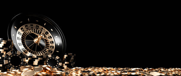 現代の黒と黄金のルーレットホイール、チップとコイン - 3dイラストレーション - roulette wheel ストックフォトと画像