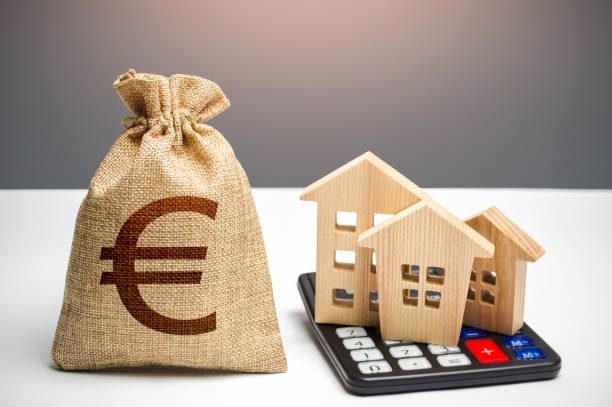 case su una calcolatrice e borsa di denaro in euro. immobili o attività di noleggio. valutazione immobiliare. manutenzione degli edifici. prestito ipotecario. spese per utenze e servizi. tasse, bilancio. comprare e vendere. - housing development organized group house real estate foto e immagini stock