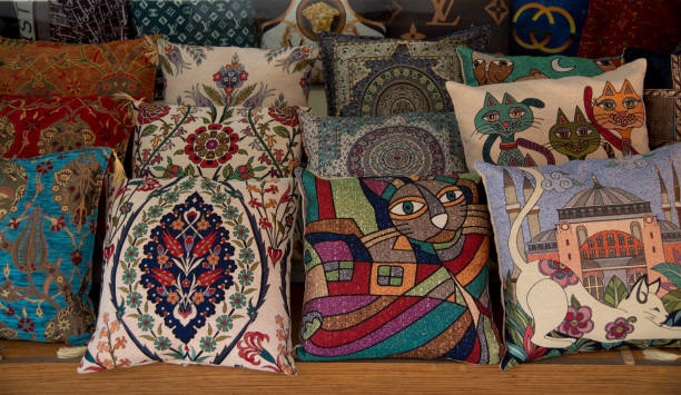 istock Colorful pillows with flowers and Istanbul cats 1402133482