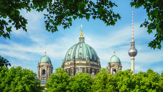 panoramic view from cathedral on historic berlin cityscape with museum island and spree river at late summer day