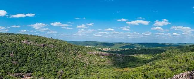 Panoramic photograph of the beautiful view of the city of Lençois, at the nearby viewpoint, in Chapada Diamantina located in the state of Bahia, Brazil