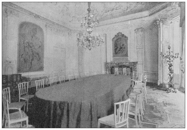 Antique photo: Peace conference, Palais du Bois (Huis ten Bosch), The Hague, Dining Room Antique photo: Peace conference, Palais du Bois (Huis ten Bosch), The Hague, Dining Room huis ten bosch stock illustrations