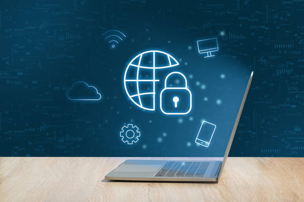 istock The concept of internet security in different remote services. Laptop with icons. 1402137418