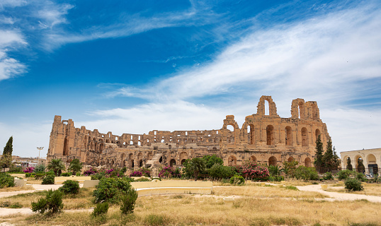 Amphitheater of El Jem in Tunisia. Amphitheater is in the modern-day city of El Djem, Tunisia, formerly Thysdrus in the Roman province of Africa. It is listed by UNESCO since 1979 as a World Heritage Site