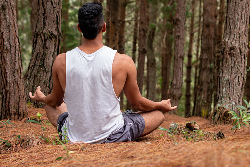 Latin man meditating in the middle of the quiet forest. Seen from behind. Fit man practicing yoga for a healthier life.