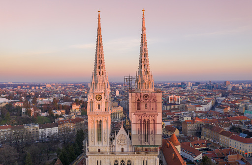 Roof of Zagreb Cathedral in Croatia. It is on the Kaptol, is a Roman Catholic institution and the tallest building in Croatia. Sacral building in Gothic style