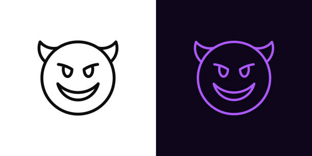 bildbanksillustrationer, clip art samt tecknat material och ikoner med outline devil emoji icon, with editable stroke. evil emoticon with horns and smile, demon face pictogram. mockery emoji - djävulen