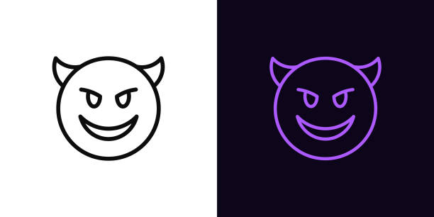 Outline devil emoji icon, with editable stroke. Evil emoticon with horns and smile, demon face pictogram. Mockery emoji Outline devil emoji icon, with editable stroke. Evil emoticon with horns and smile, demon face pictogram. Mockery emoji, grin devil face, ridicule monster. Vector icon, sign for UI and Animation smirk stock illustrations