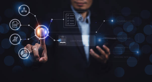 istock Businessman finger scan for unlock password for security information concept, 1402143335