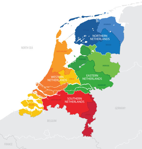 karte der niederlande mit verwaltungsgliederung des landes in regionale gruppen von provinzen, detaillierte vektorillustration - north holland stock-grafiken, -clipart, -cartoons und -symbole