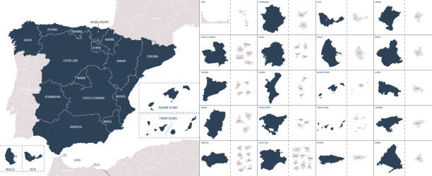 ilustraciones, imágenes clip art, dibujos animados e iconos de stock de mapa detallado de color vectorial de españa con las divisiones administrativas del país, cada comunidad autónoma se presenta por separado y se divide en ciudades autónomas y provincias - barcelona sevilla