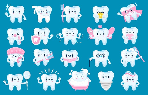 Teeth with face. Cartoon dental health and care fun characters, tooth mascot with happy face for dentistry posters and banners. Vector isolated set. Medical protection and hygiene concept