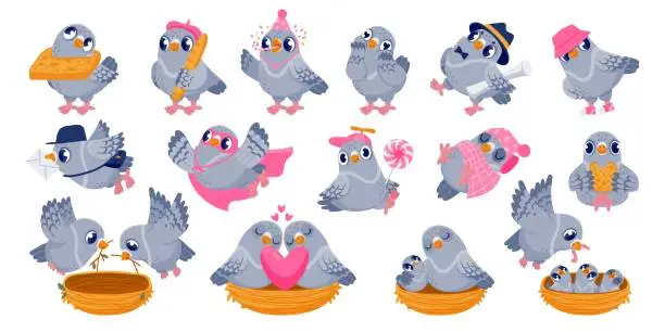 Vector illustration of Pigeon characters. Cartoon funny birds sitting together and communicating, building nest and having a conflict. Vector pigeon animals interactions set