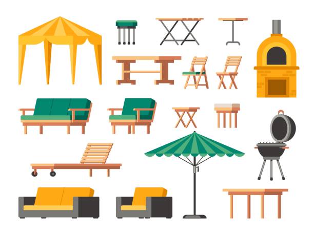 Garden furniture. Cartoon wooden patio chair table and sofa, lounge outdoor terrace icons, backyard umbrella and barbecue grill. Vector isolated set Garden furniture. Cartoon wooden patio chair table and sofa, lounge outdoor terrace icons, backyard umbrella and barbecue grill. Vector isolated set. Comfortable furnishing for outdoor leisure entertainment tent illustrations stock illustrations