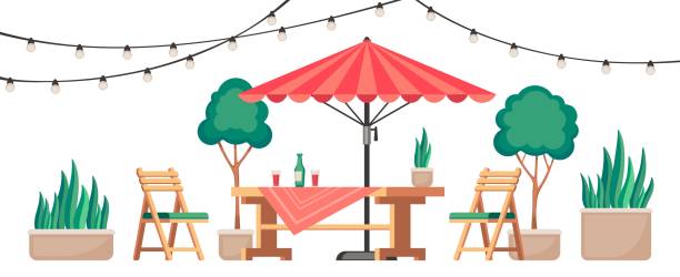 レストランパティオ。木製のテーブルと椅子のある夏の屋外カフェテラス、植物と花輪のある居心地の良いラウンジカフェテリアのシーン。ベクターイラストレーション - front or back yard illustrations点のイラスト素材／クリップアート素材／マンガ素材／アイコン素材